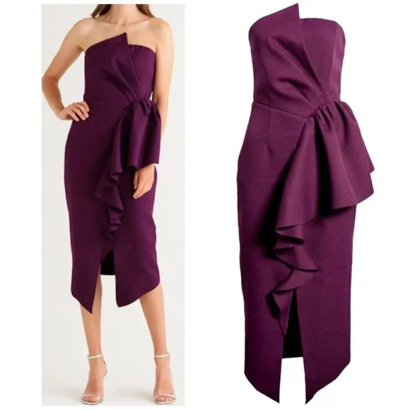 Elliatt Reception Cascade Ruffle Strapless Structured Cocktail Midi Dress Small - Picture 3 of 16